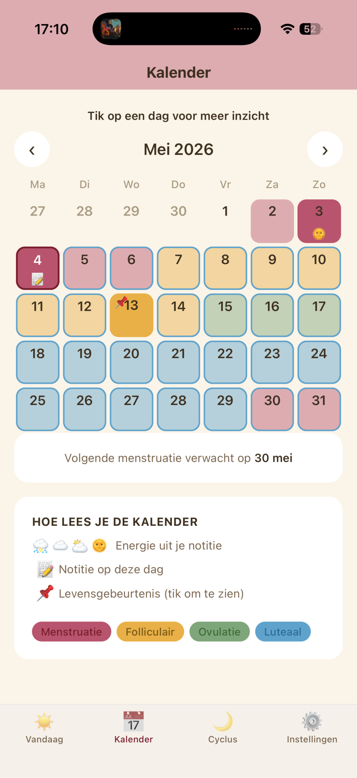 Kalender met cyclus-voorspellingen