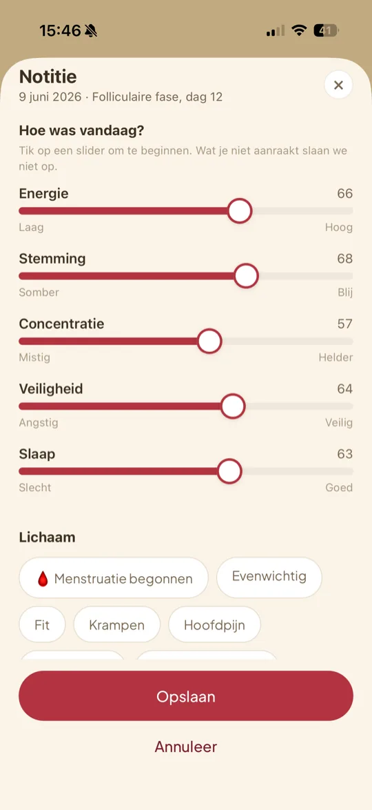 Het dagboek van ritmIQ met vijf sliders: energie, stemming, concentratie, veiligheid en slaap