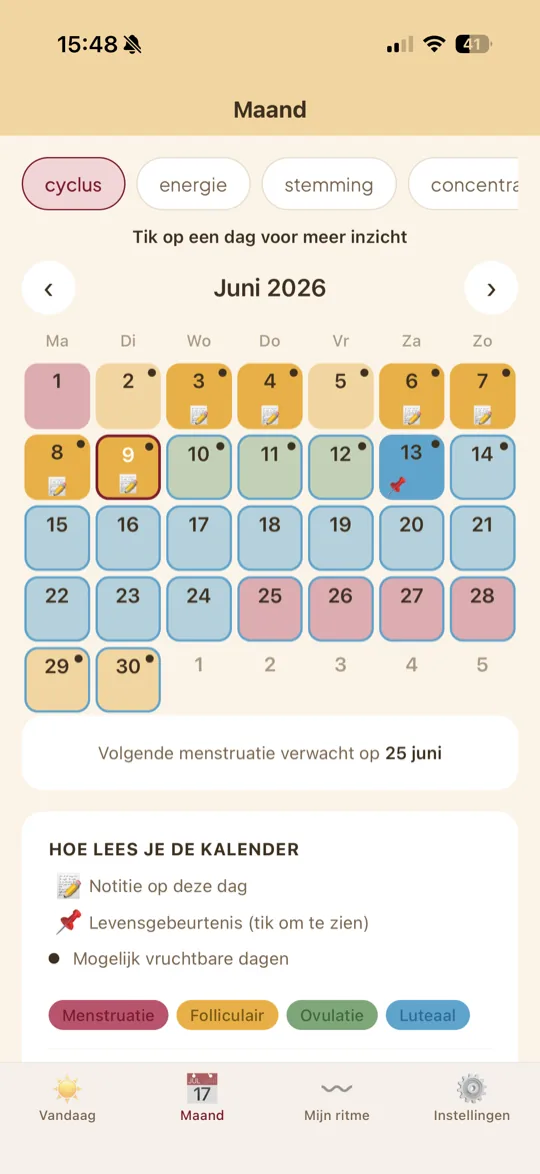 De kalender van ritmIQ met cyclusfases, notities en levensgebeurtenissen per dag