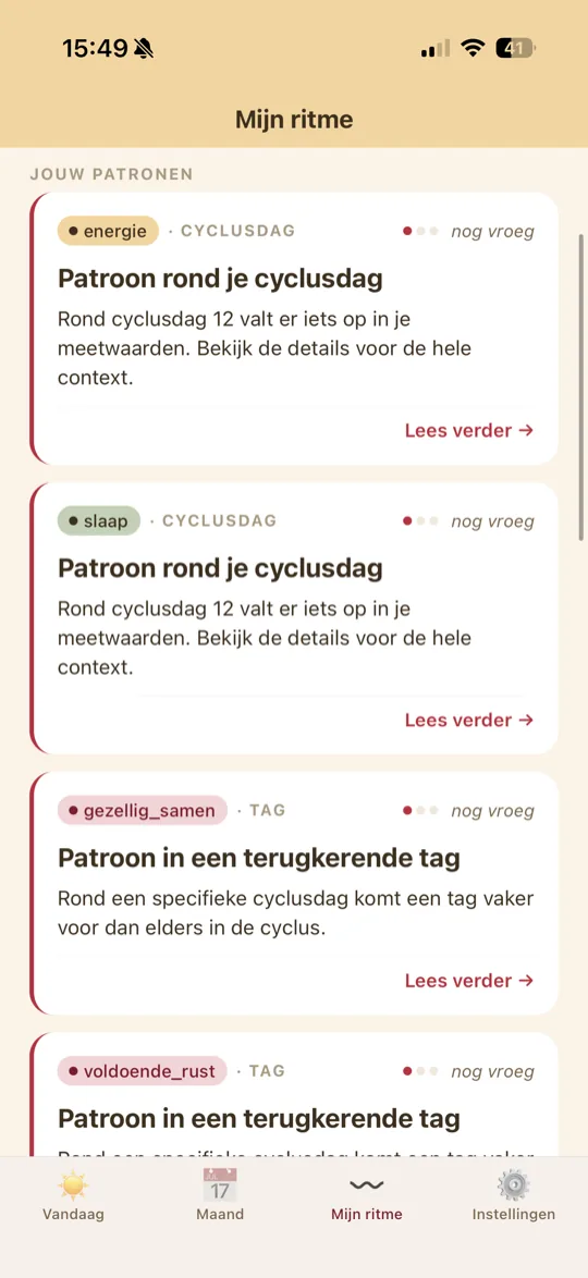 Het scherm Mijn ritme in ritmIQ met de gevonden patronen rond je cyclusdag en terugkerende tags