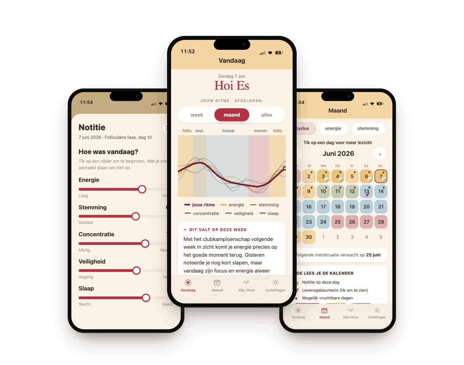 ritmIQ, Nederlandse cyclus-app: het dagboek met sliders, je ritme over de maand en de kalender met je cyclus